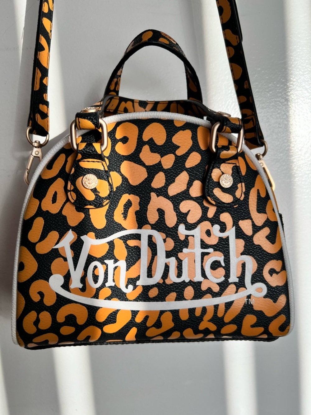 Von Dutch Black & Orange Leopard Print Top-Handle Satchel